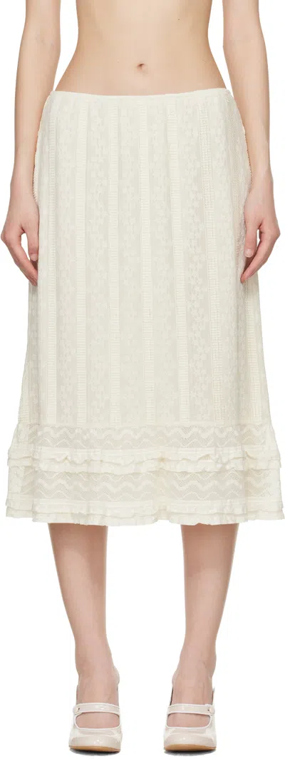 Anna Sui Off-white Floral Ruffle Stretch Lace Midi Skirt In Nude
