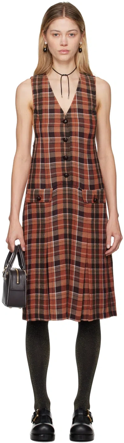 Anna Sui Orange & Brown Plaid Midi Dress In Marmalade Multi