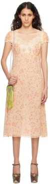 Anna Sui Orange Floral Midi Dress In Cantaloupe Multi