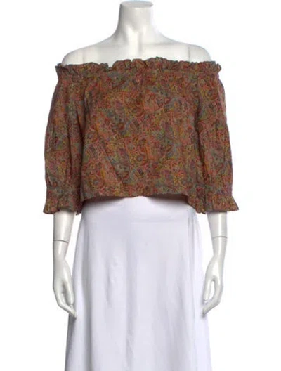 Pre-owned Anna Sui Paisley Print Off-the-shoulder Crop Top In Brown