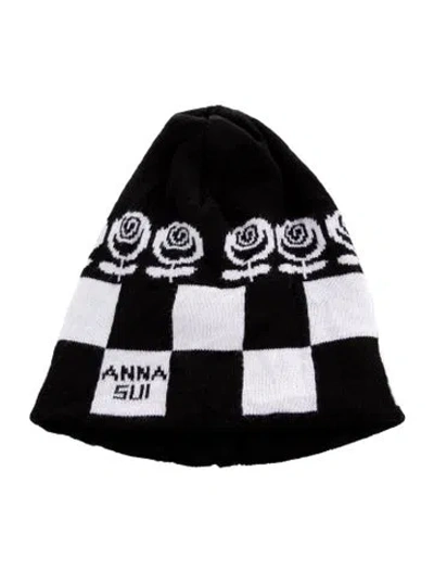 Pre-owned Anna Sui Pattern Print Knit Beanie In Black