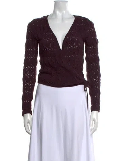 Pre-owned Anna Sui Patterned V-neck Sweater In Burgundy