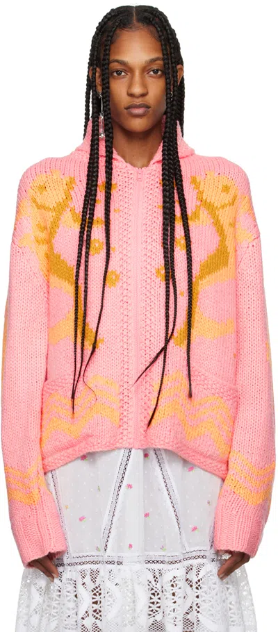 Anna Sui Pink & Orange Seashore Cardigan In Powder Pink Multi