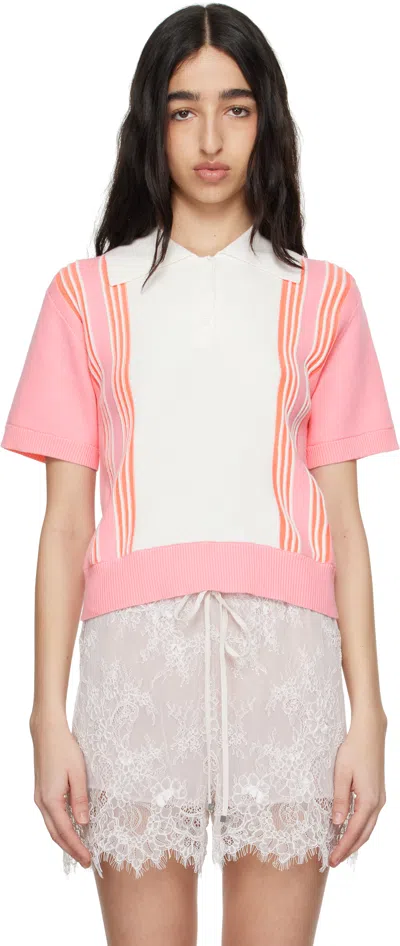 ANNA SUI PINK & WHITE AMALFI KNIT SHORT SLEEVE POLO