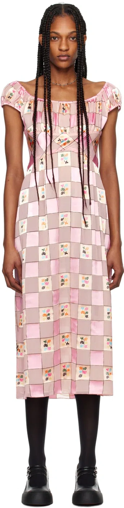 Anna Sui Pink Check Midi Dress In Powder Pink Multi