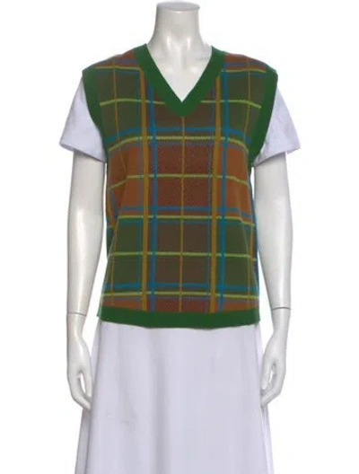Pre-owned Anna Sui Plaid Print V-neck Sweater W/ Tags In Green