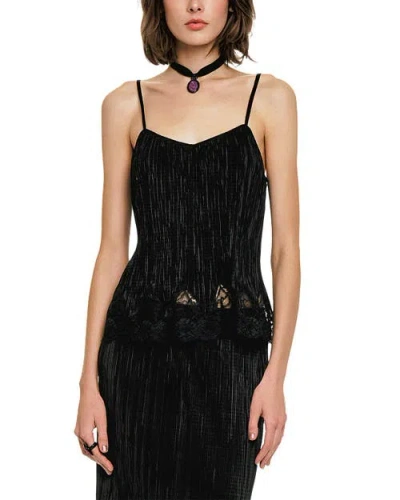Anna Sui Plisse Lace Trimmed Camisole In Black