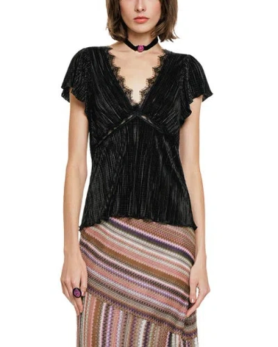 Anna Sui Plisse V-neck Top In Black