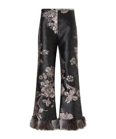 Anna Sui Plush-trimmed Arcadia Brocade Flared Pants In Black