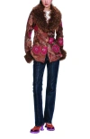 Anna Sui Poiret Rose Embroidered Faux Suede Faux Fur Trim Jacket In Multi