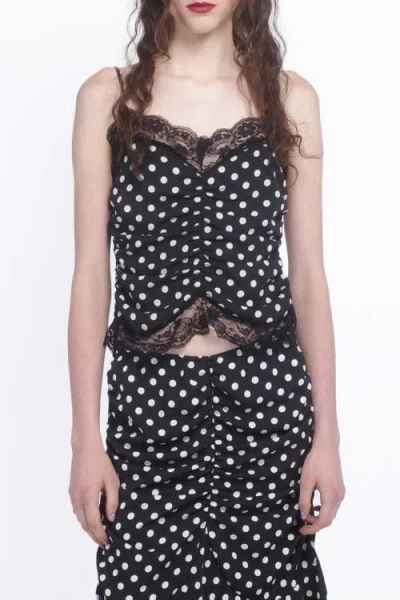 Anna Sui Black Polka Dot Ruched Lace Camisole In Black Multi