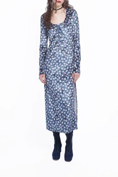 Anna Sui Posie Stretch Velvet Long Dress In Cornflower Multi