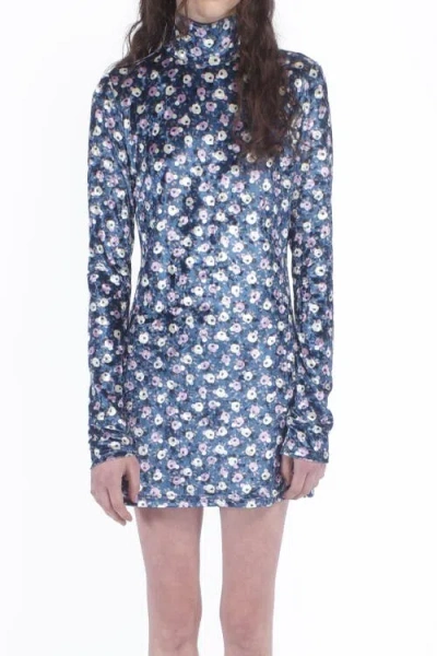 Anna Sui Posie Stretch Velvet Turtleneck Dress In Cornflower Multi