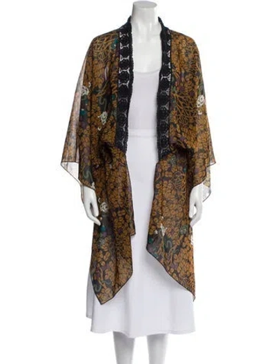Pre-owned Anna Sui Printed Crochet Trim Robe In Black