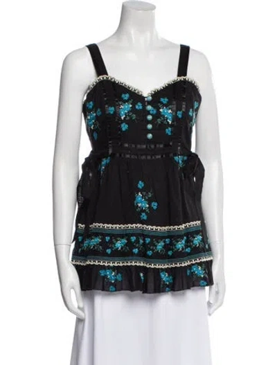 Pre-owned Anna Sui Printed Square Neckline Top In Black