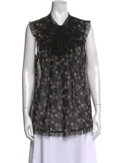 Pre-owned Anna Sui Printed Tie Neck Blouse In Black