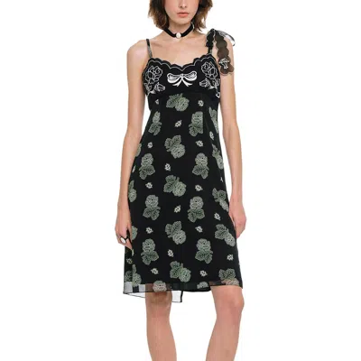 Anna Sui Ribbon Handkerchief Satin Print Dress In Black