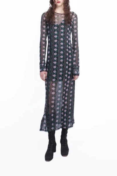 Anna Sui Rosetti Mesh Maxi Dress In Black/lilac Multi