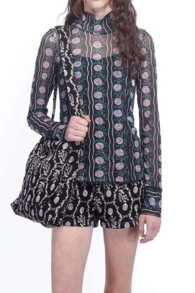 Anna Sui Rosetti Mesh Turtleneck Top In Black/lilac Multi