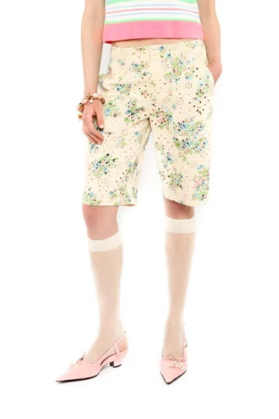 Anna Sui Rosies Posies Eyelet Bermuda Shorts In Baby Blue