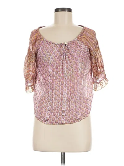 Pre-owned Anna Sui Short Sleeve Silk Top Pink Sweetheart Neckline Tops