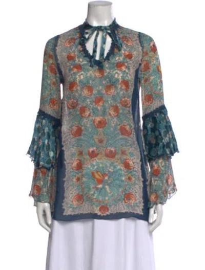Pre-owned Anna Sui Silk Floral Print Blouse In Blue