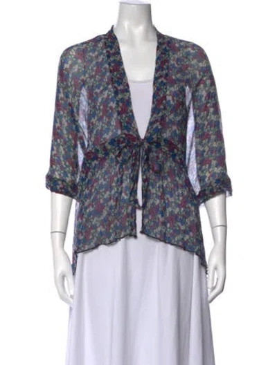 Pre-owned Anna Sui Silk Floral Print Top In Black