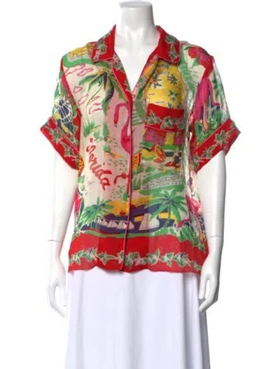 Pre-owned Anna Sui Silk Graphic Print Button-up Top In Multicolor