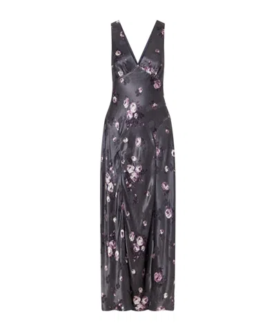 Anna Sui Floral-print Satin Maxi Dress In Gray