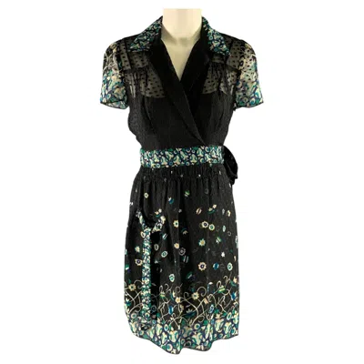 Pre-owned Anna Sui Size 4 Black Blue Silk Floral Midi Knee-length Dress