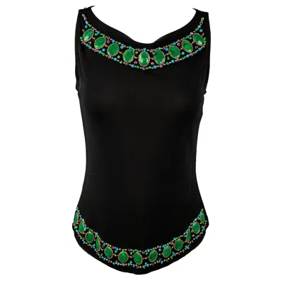 Pre-owned Anna Sui Size 6 Black Beaded Rayon Tank Dress Top