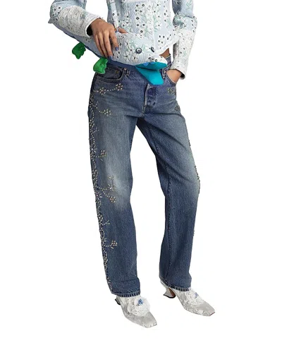 Anna Sui Stone Wash Studded Denim Jeans In Blue