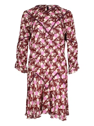 Pre-owned Anna Sui Vintage Floral-print Lace-trimmed Mini Dress In Red