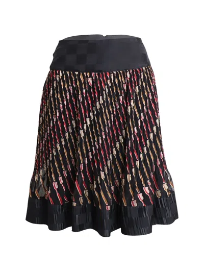 Pre-owned Anna Sui Vintage Silk Pleated Print Skirt In Black