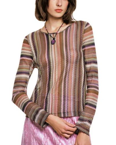 Anna Sui Wavy Chevron Knit Long Sleeve Stripe Top In Brown