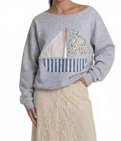 Anna-kaci Long Sleeve Top With Sailboat Appliqué In Grey In Multi