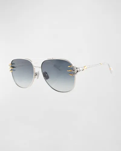 Anna-karin Karlsson Men & Apos;s Claw Voyage Double-bridge Aviator Sunglasses In White Gold Grey Lens