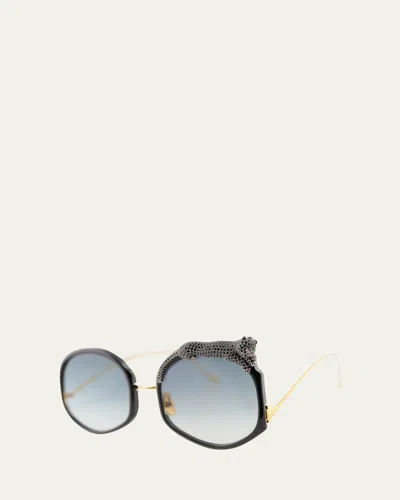 Anna-karin Karlsson Rose Et Le Reve Leopard Round Acetate Sunglasses In Black Crystal