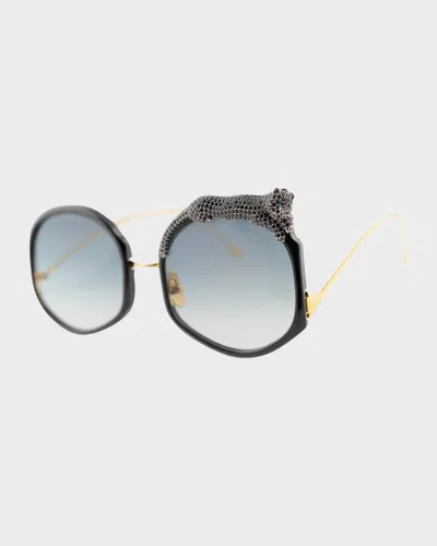 Anna-karin Karlsson Rose Et Le Reve Leopard Round Acetate Sunglasses In Black Crystal