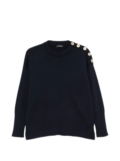 Anne Claire Button-embellished Drop-shoulder Sweater In Blue