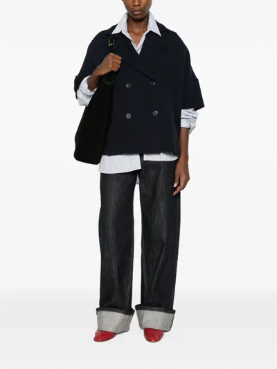 Anne Claire Double-breasted Ribbed-cuff Coat In 블루