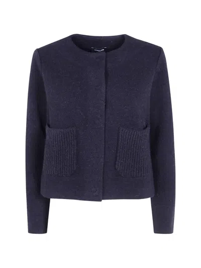 Anne Claire Ribbed-pocket Wool Cardigan In Blue