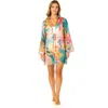 Anne Cole 3/4 Sleeve Tie Open Front Cover Up In Palm Kingdom Coral