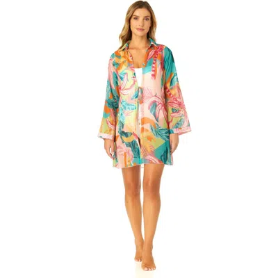 Anne Cole 3/4 Sleeve Tie Open Front Cover Up In Palm Kingdom Coral