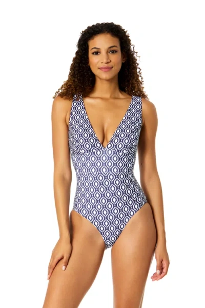 Anne Cole Azzurra Geo Plunge Front One Piece Swimsuit In Blue