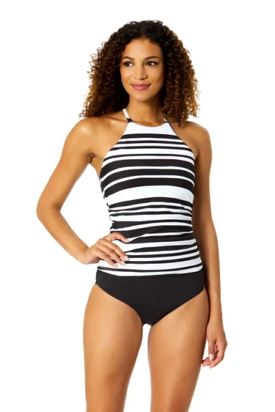 Anne Cole Bardot Stripe High Neck Tankini Top In Black