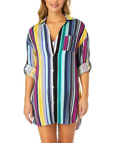 Anne Cole Boyfriend Button Down Cover Up Shirt In Multi