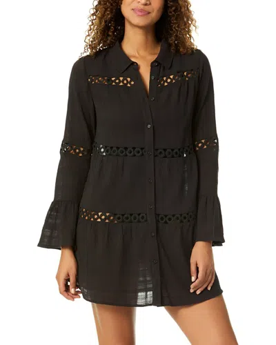 Anne Cole Button Up Bell Sleeve Crochet Trim Cover-up In Black