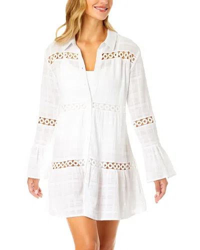 Anne Cole Button Up Bell Sleeve Crochet Trim Cover-up In White