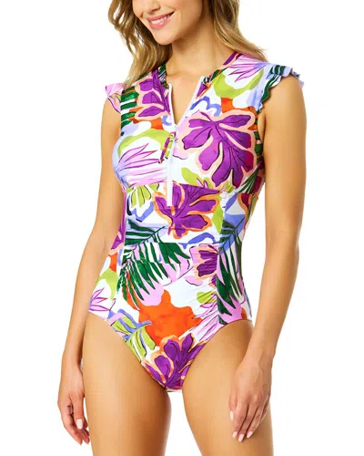 Anne Cole Printed Flutter Sleeve Zip Up Rash Guard One Piece Swimsuit In Multi